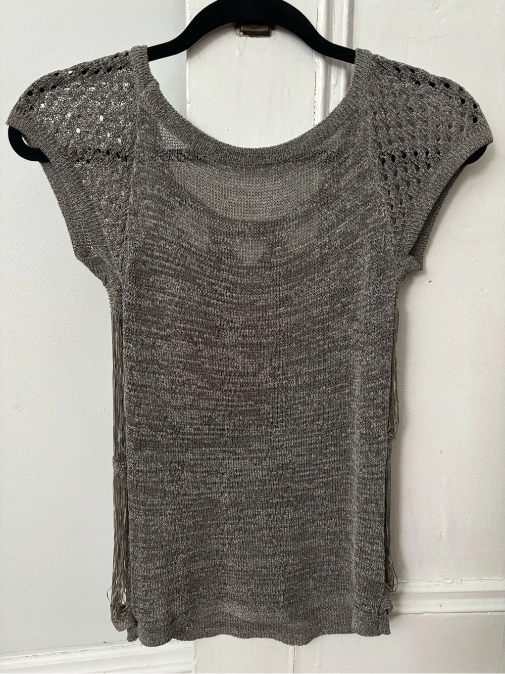 Unique Knitted Fringe Cap Sleeve Gray Top